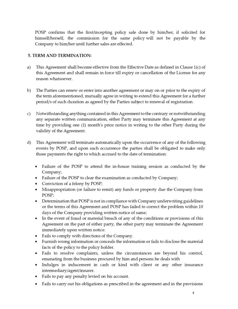 Standard agreement for POSP