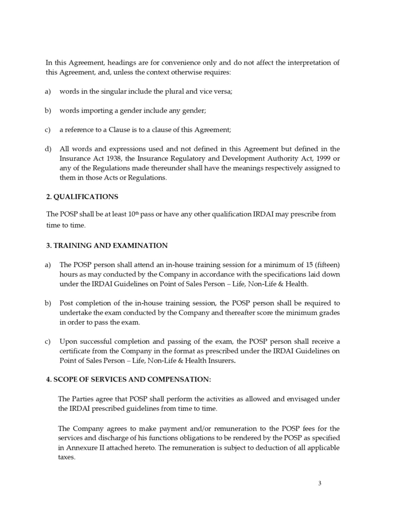 Standard agreement for POSP 2021