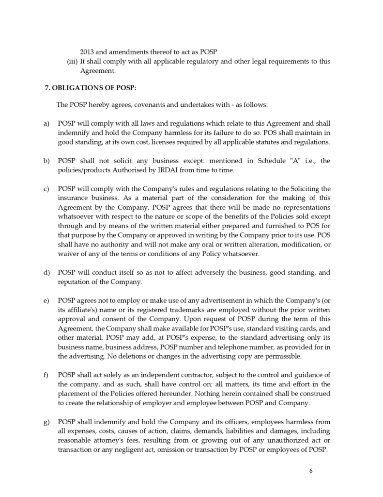 Standard agreement for POSP