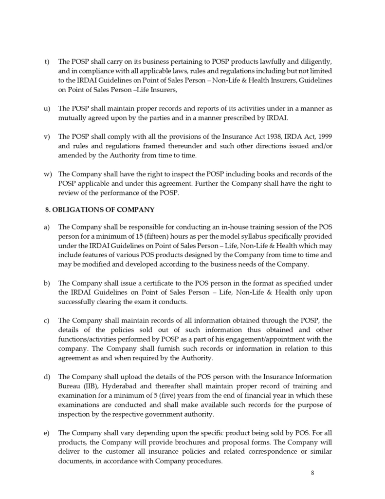 Standard agreement for POSP