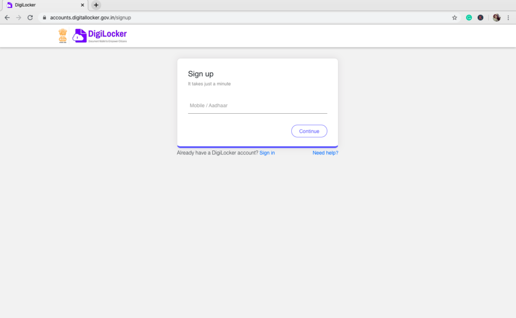 DigiLocker application sign up