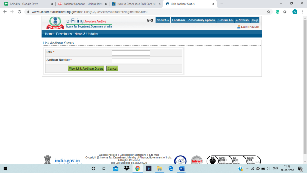 Aadhaar PAN link status
